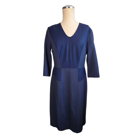 Hugo Boss Dresses & Skirts - BOSS Hugo Boss Navy Wool Sheath Dress US 8 V Neck 3/4 Sleeve Career Office Midi